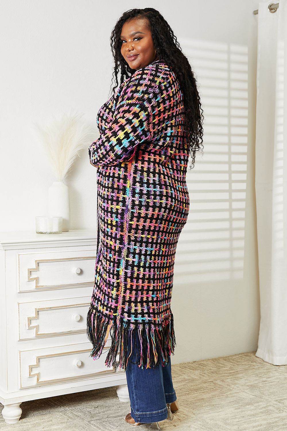 Angel Wings Full Size Multicolored Open Front Fringe Hem Cardigan - IntuitiveEncBoutique