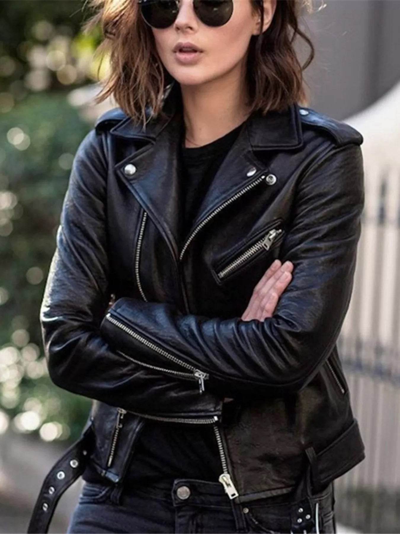 Full Size Zip Up Leather Motorcycle Biker Jacket Plus Size - IntuitiveEncBoutique