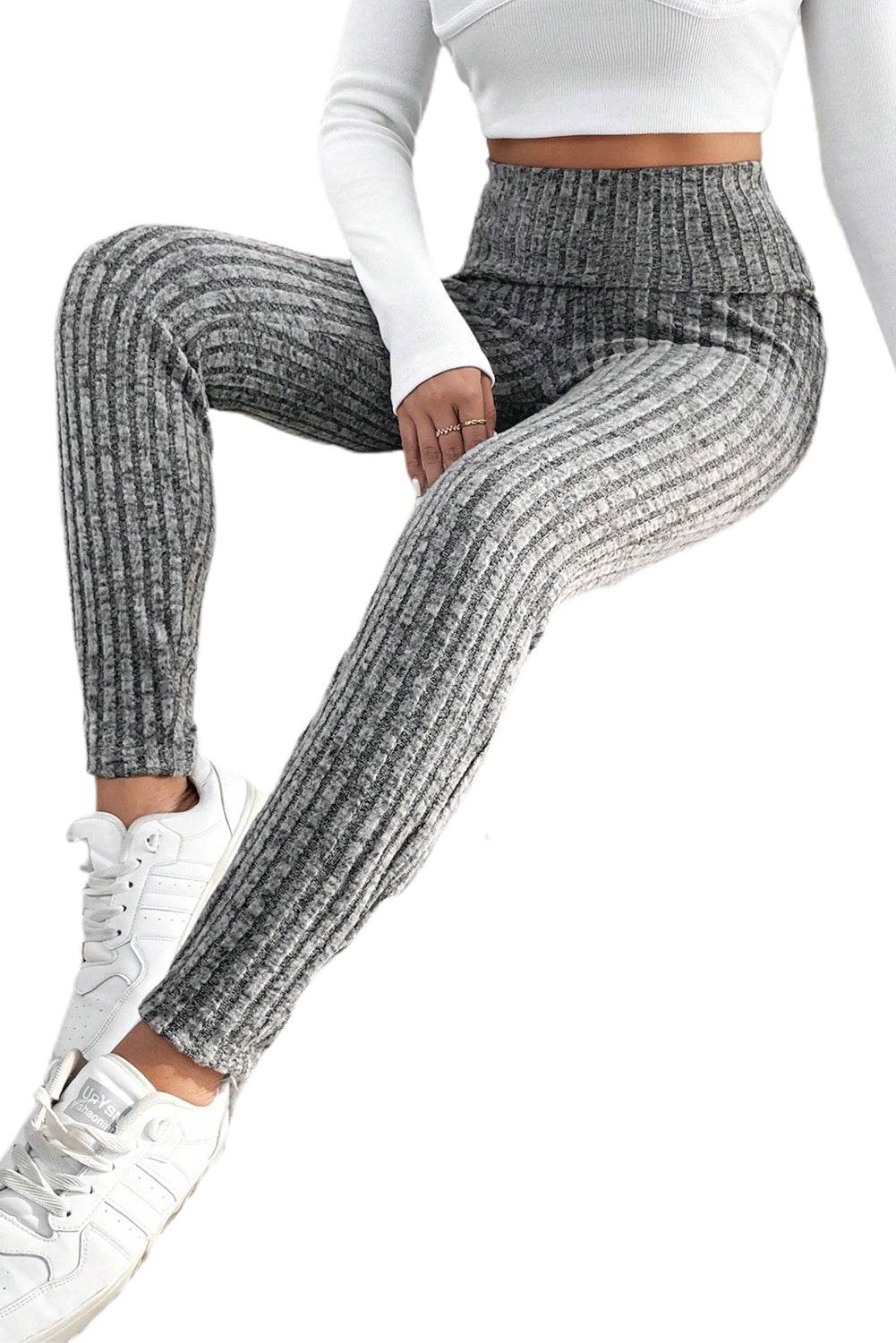 Dark Grey Wide Waistband Ribbed Textured Knit Leggings - IntuitiveEncBoutique