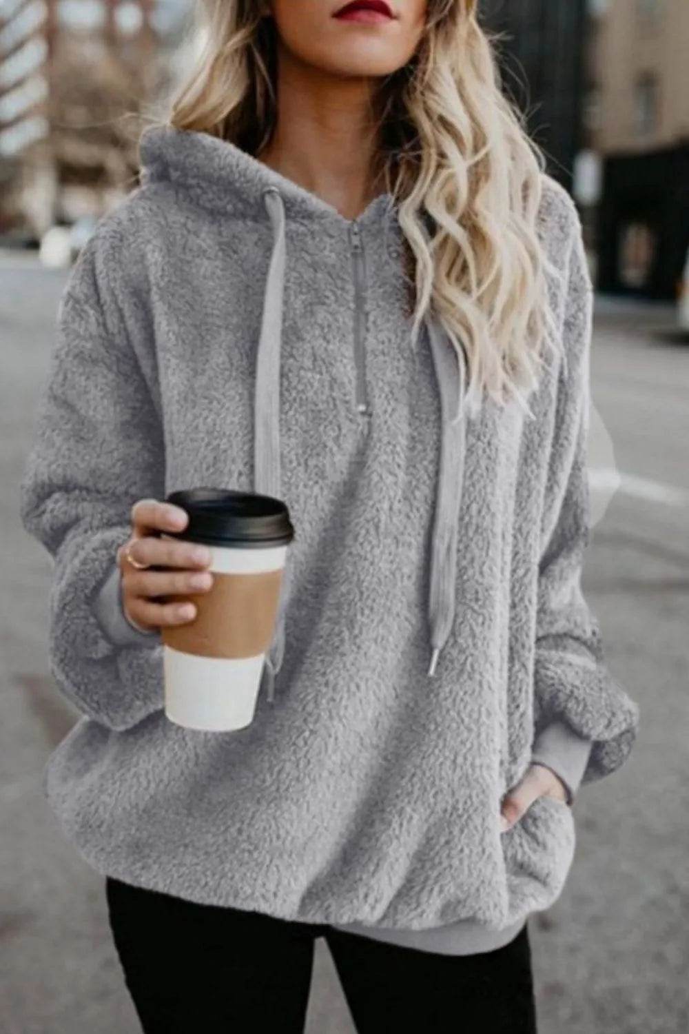 Full Size Quarter-Zip Drawstring Teddy Hoodie - IntuitiveEncBoutique