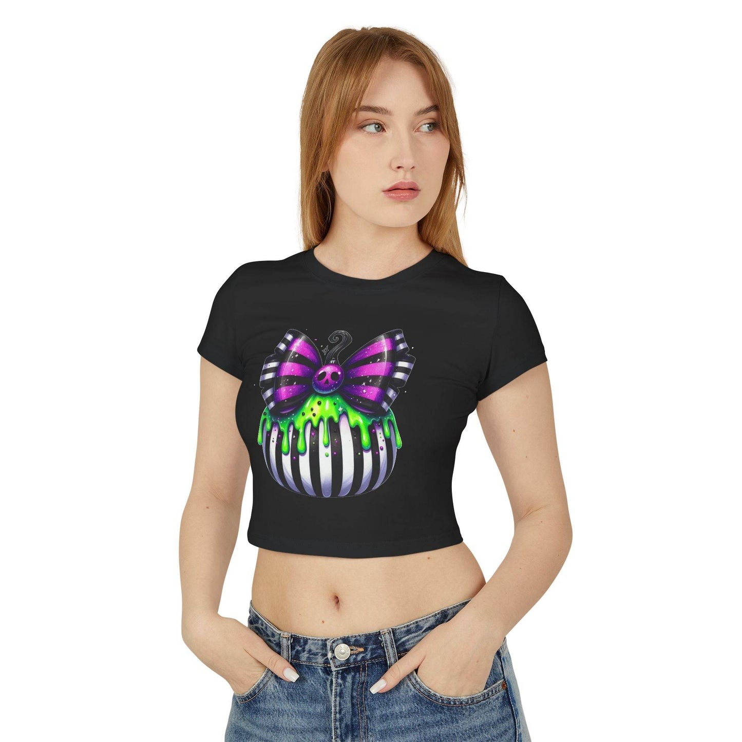 Cute Halloween Baby Tee with Spooky Bow Design | Women's Graphic T-Shirt, Party Shirt, Fall Fashion, Gift Idea, Casual Wear - IntuitiveEncBoutique