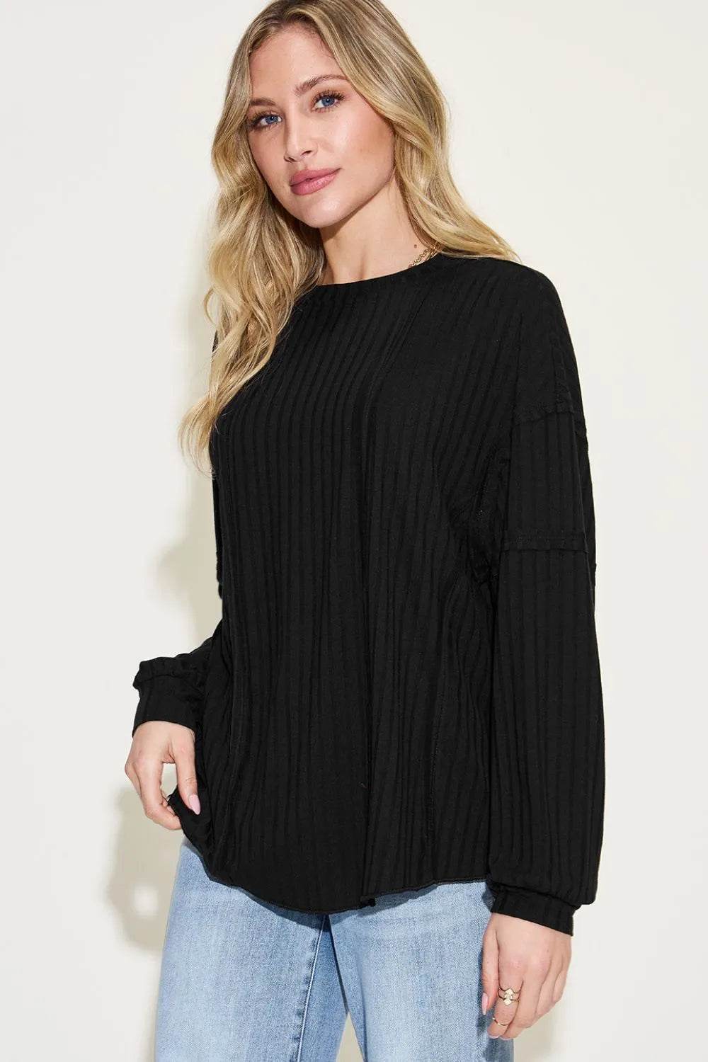 Basic Bae Full Size Ribbed Round Neck Long Sleeve T-Shirt - IntuitiveEncBoutique