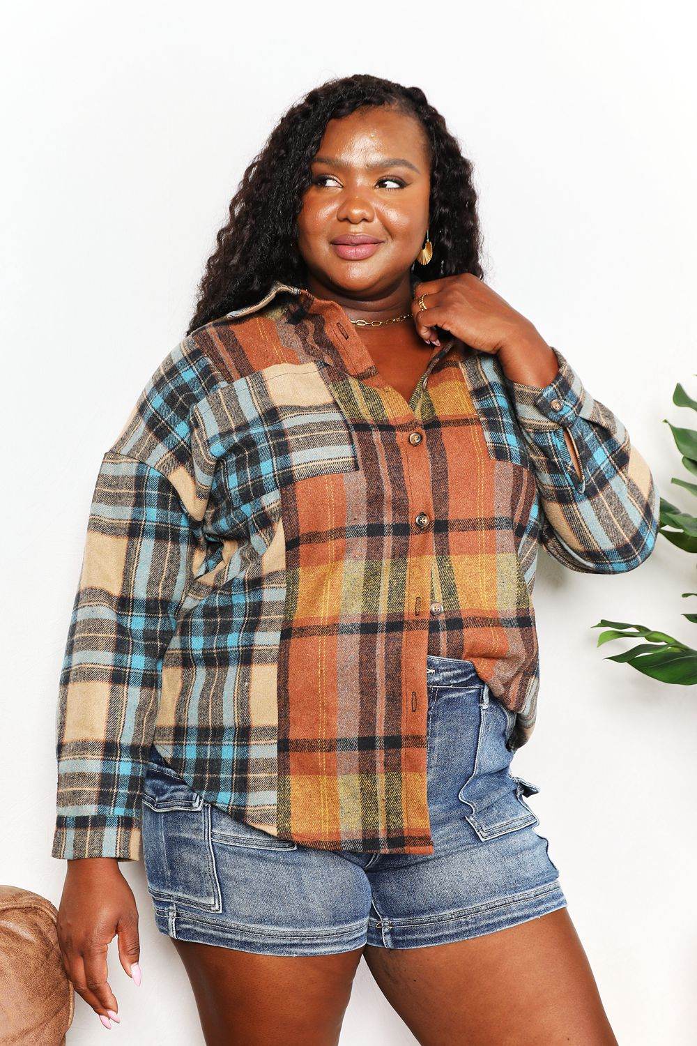 Double Take Plaid Curved Hem Shirt Jacket with Breast Pockets - IntuitiveEncBoutique