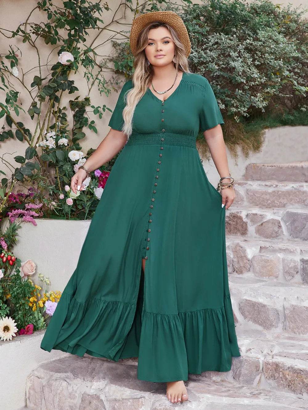 Plus Size Button Detail V-Neck Short Sleeve Maxi Dress - IntuitiveEncBoutique
