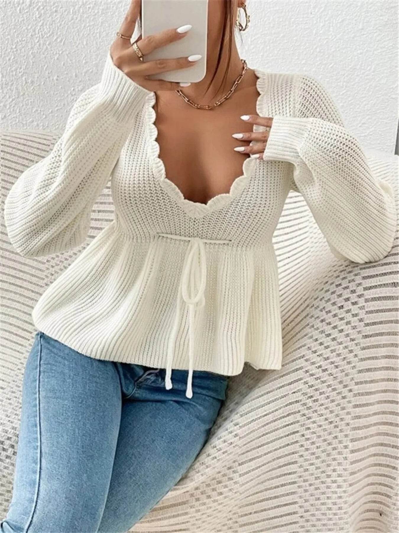 Scalloped V-Neck Drawstring Knit Top - IntuitiveEncBoutique