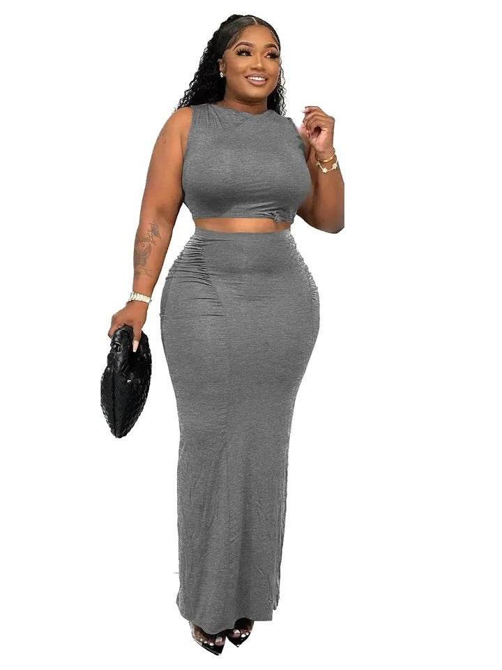 Sexy Bodycon Skirt + Sleeveless Long Top Two-Piece Set Women's Summer Simple Solid Color - IntuitiveEncBoutique
