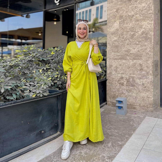 Loose Long Sleeve Belted Open Front Abaya Dress Elegant - IntuitiveEncBoutique