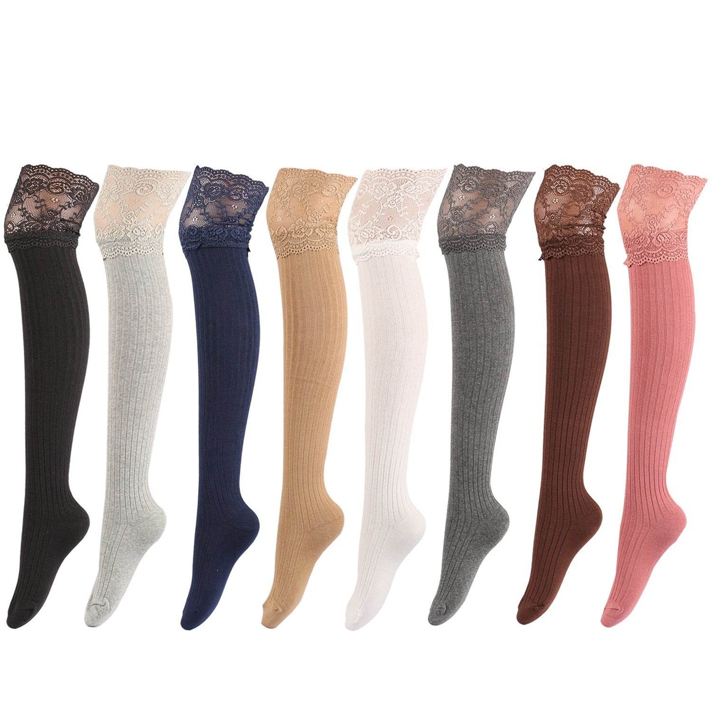 Japanese and Korean New Lace Knee Socks Spring and Autumn Cotton Vertical Stripe Stockings Non slip High thigh Stockings - IntuitiveEncBoutique