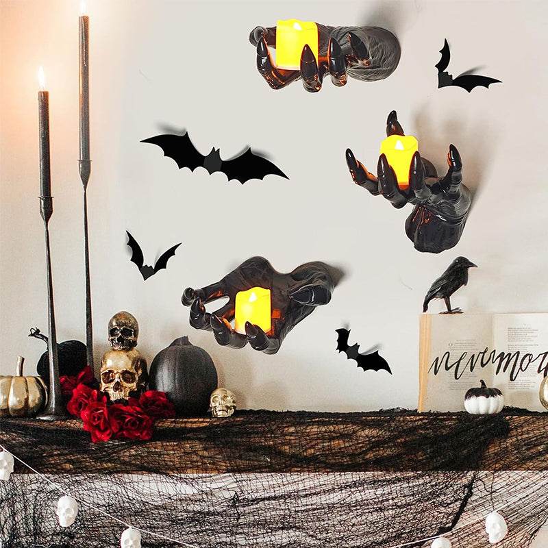Gothic Halloween Indoor Decor: 12-Pack Bat Sticker Wall Hangings (Spooky Hands & Lit Candles) for Gothic Walls - IntuitiveEncBoutique