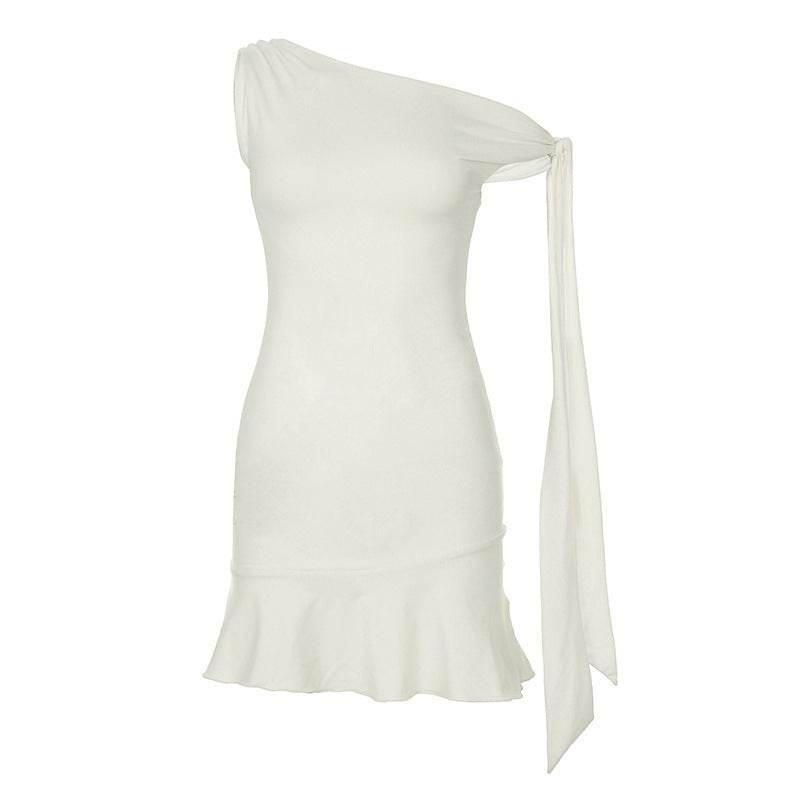Style Solid Color Sexy One-Shoulder Tie Strap Sleeveless Dress Slimming Waist-Cinching Short Skirt - IntuitiveEncBoutique