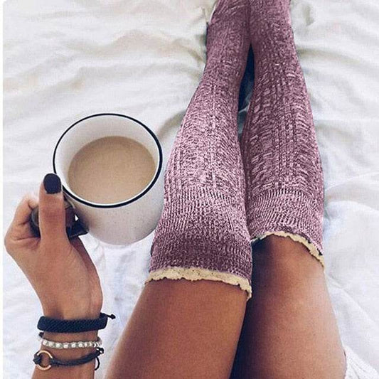 Fashion Ladies Knee High Lace Socks Women Over Knee Socks Thigh High Thick Lovely Girl Knitting Long Stockings - IntuitiveEncBoutique