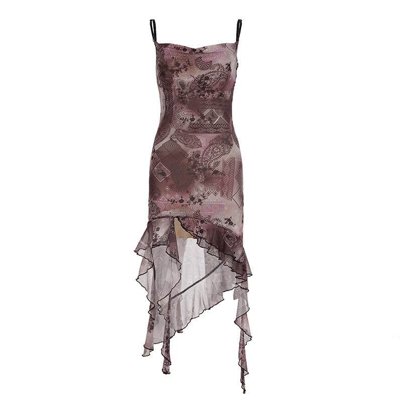 Vintage Print Irregular Hem Lace-Up Mesh Dress with Ruffle Edge and Strapless Design - IntuitiveEncBoutique