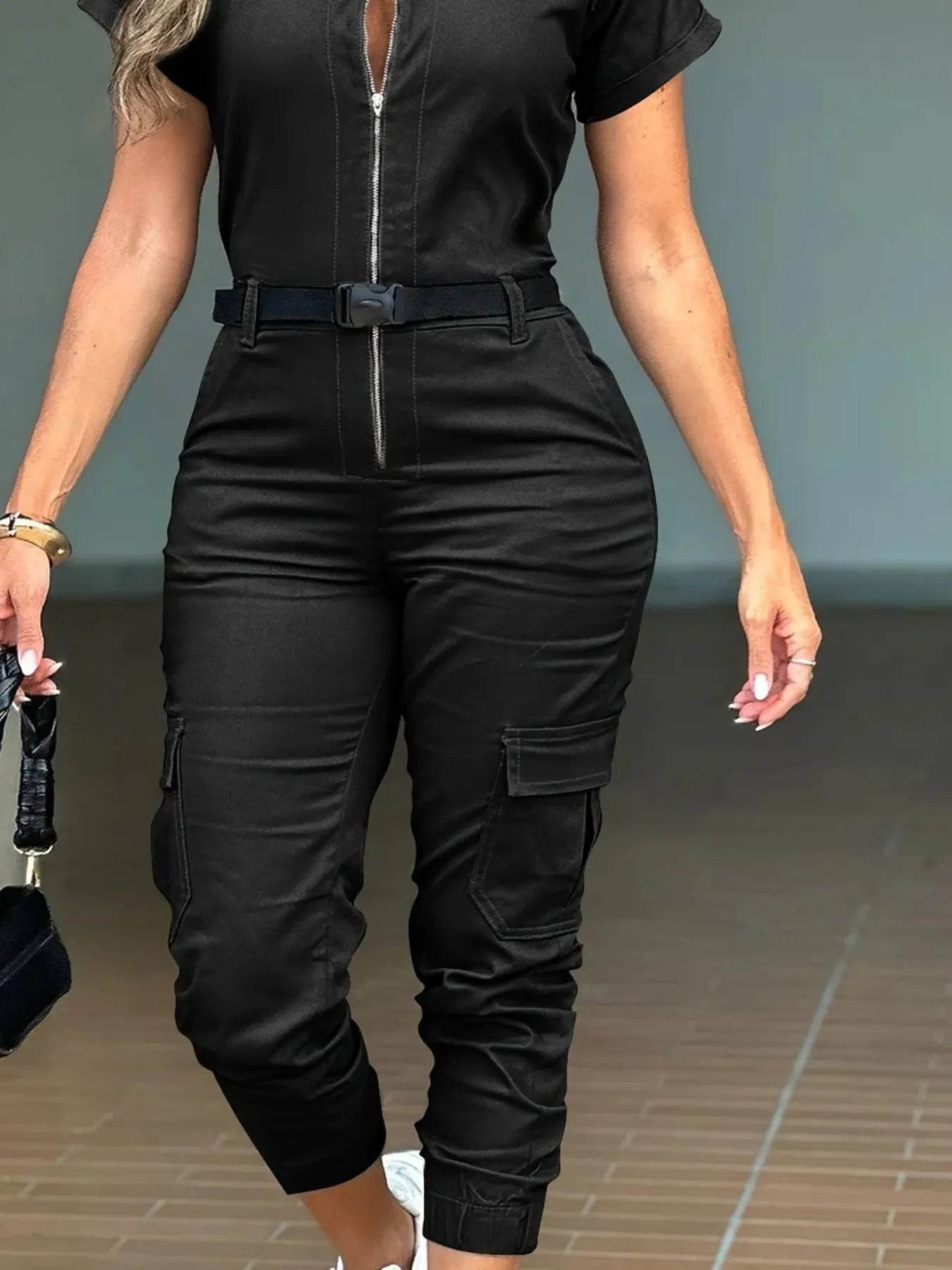 Zip Front Short Sleeve Jumpsuit - IntuitiveEncBoutique