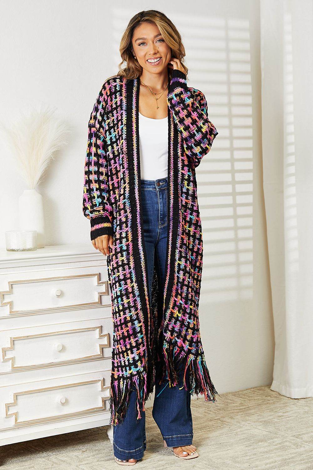 Angel Wings Full Size Multicolored Open Front Fringe Hem Cardigan - IntuitiveEncBoutique