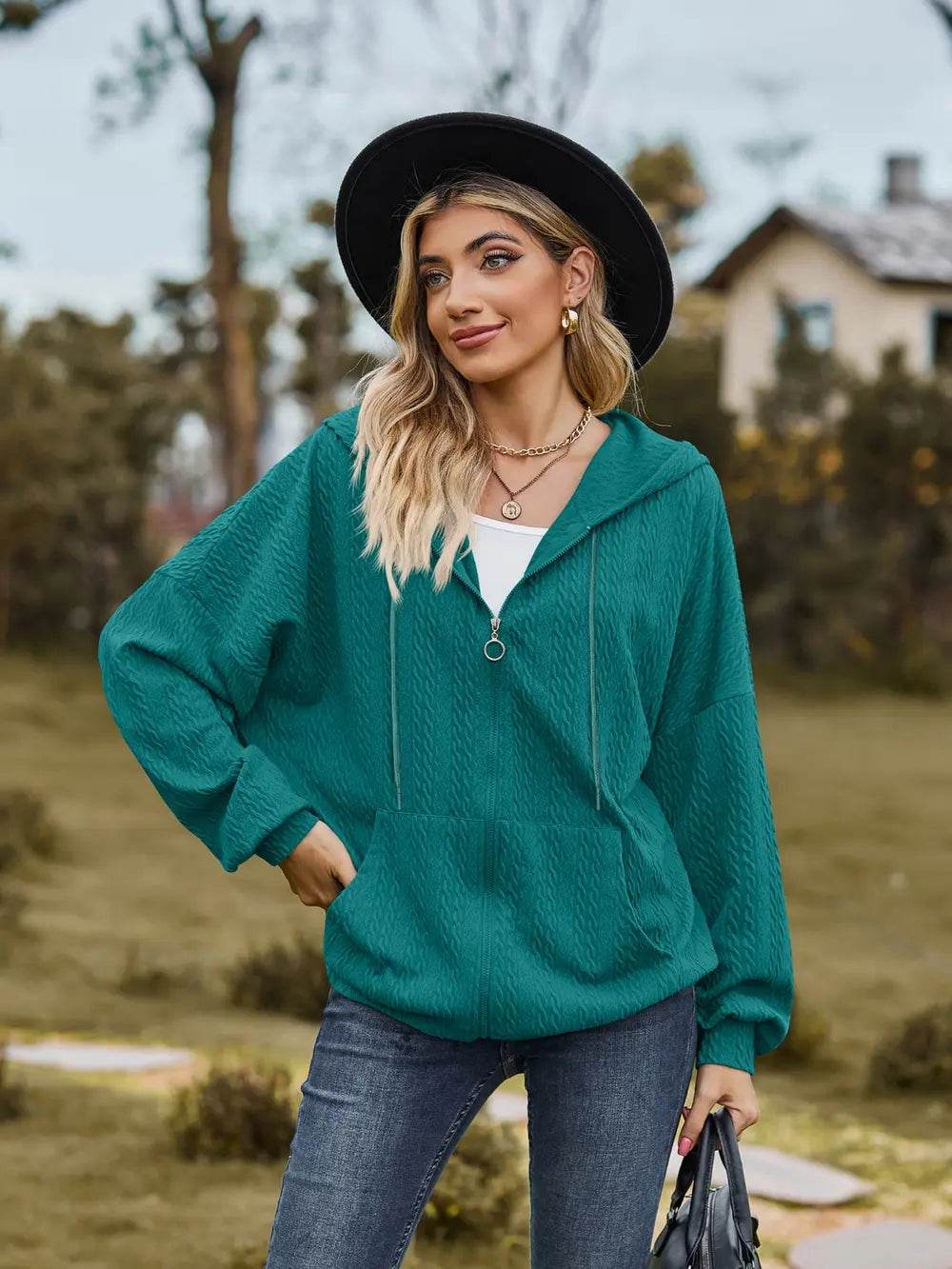 Zip Up Drawstring Long Sleeve Hooded Jacket - IntuitiveEncBoutique