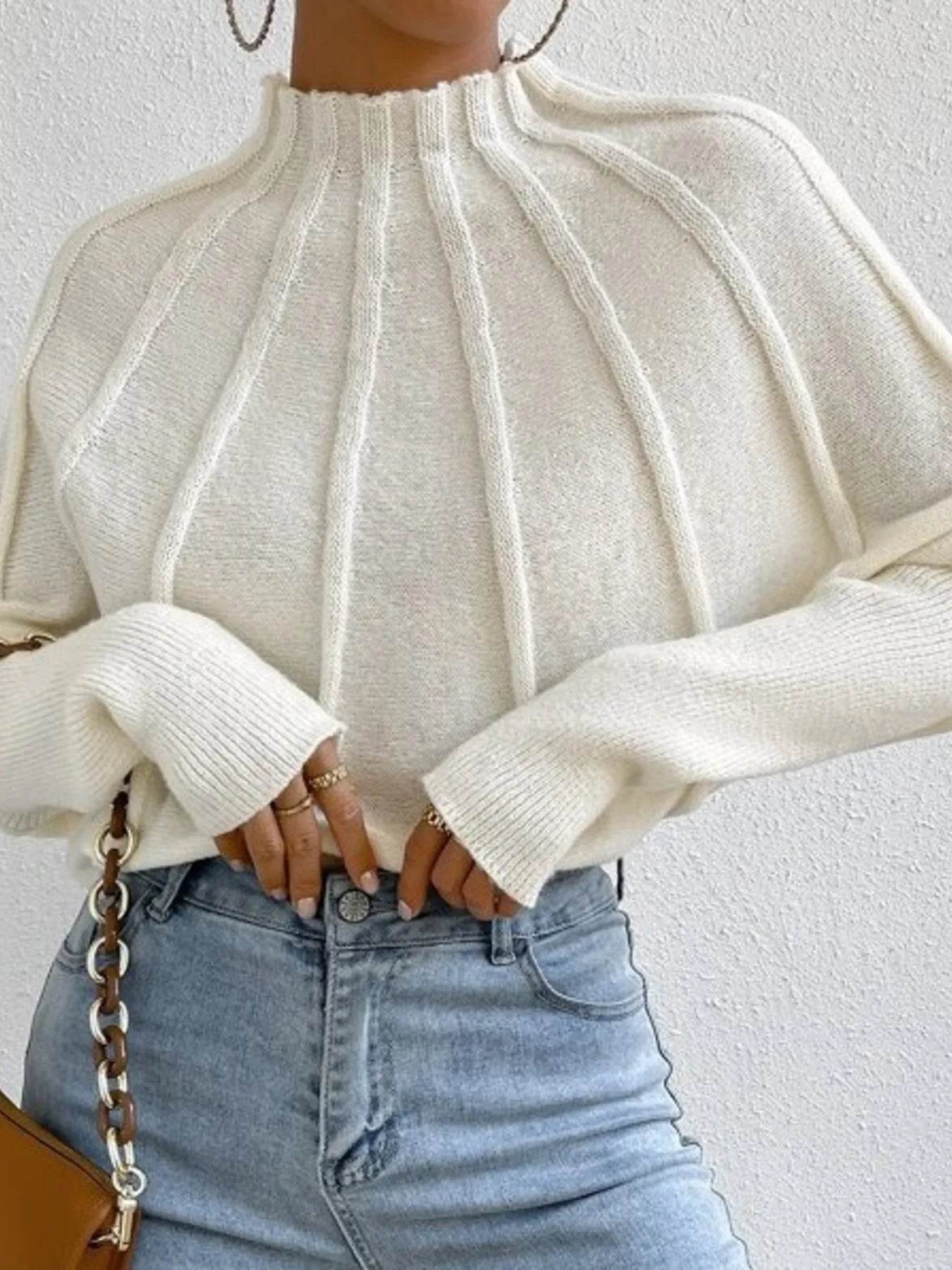 Mock Neck Ribbed Long Sleeve Sweater - IntuitiveEncBoutique