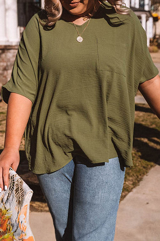 Four Leaf Clover Textured Half Sleeve V Neck Plus Size T Shirt with Chest Pocket - IntuitiveEncBoutique
