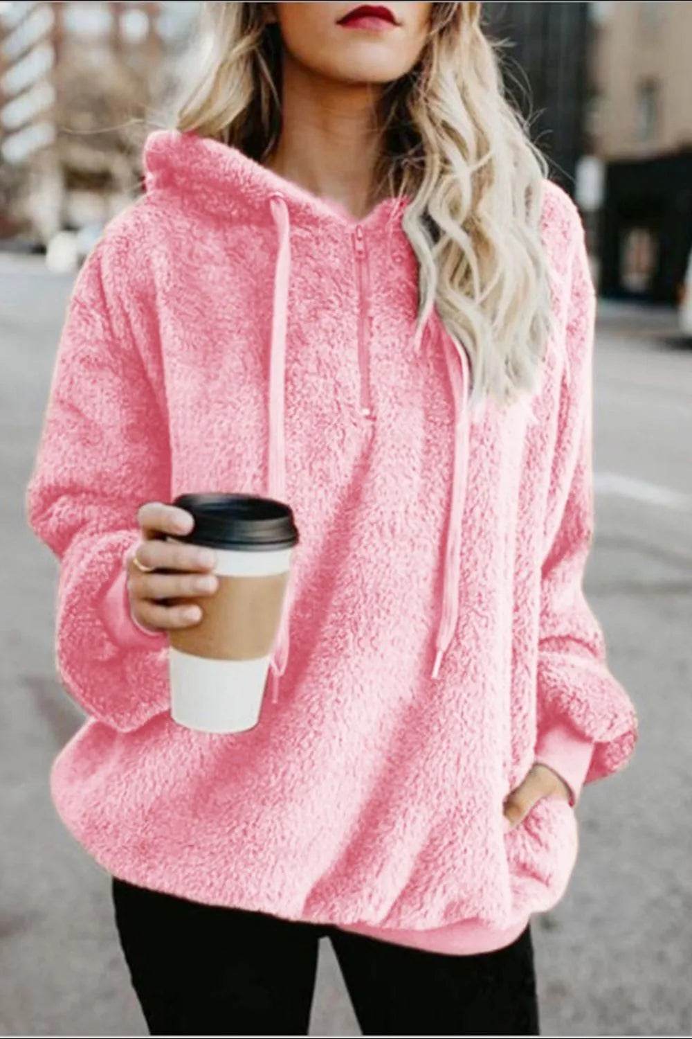 Full Size Quarter-Zip Drawstring Teddy Hoodie - IntuitiveEncBoutique