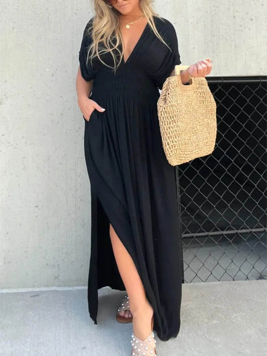 Full Size Deep V-Neck Maxi Dress with Side Slit Plus Size - IntuitiveEncBoutique
