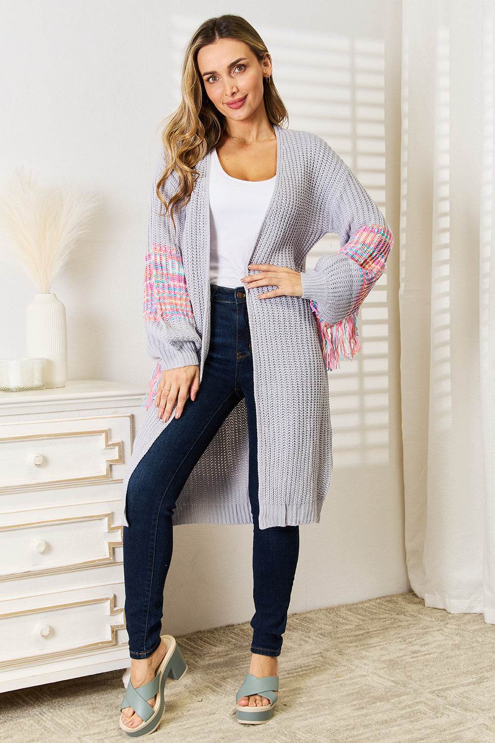 Woven Right Fringe Sleeve Dropped Shoulder Cardigan - IntuitiveEncBoutique