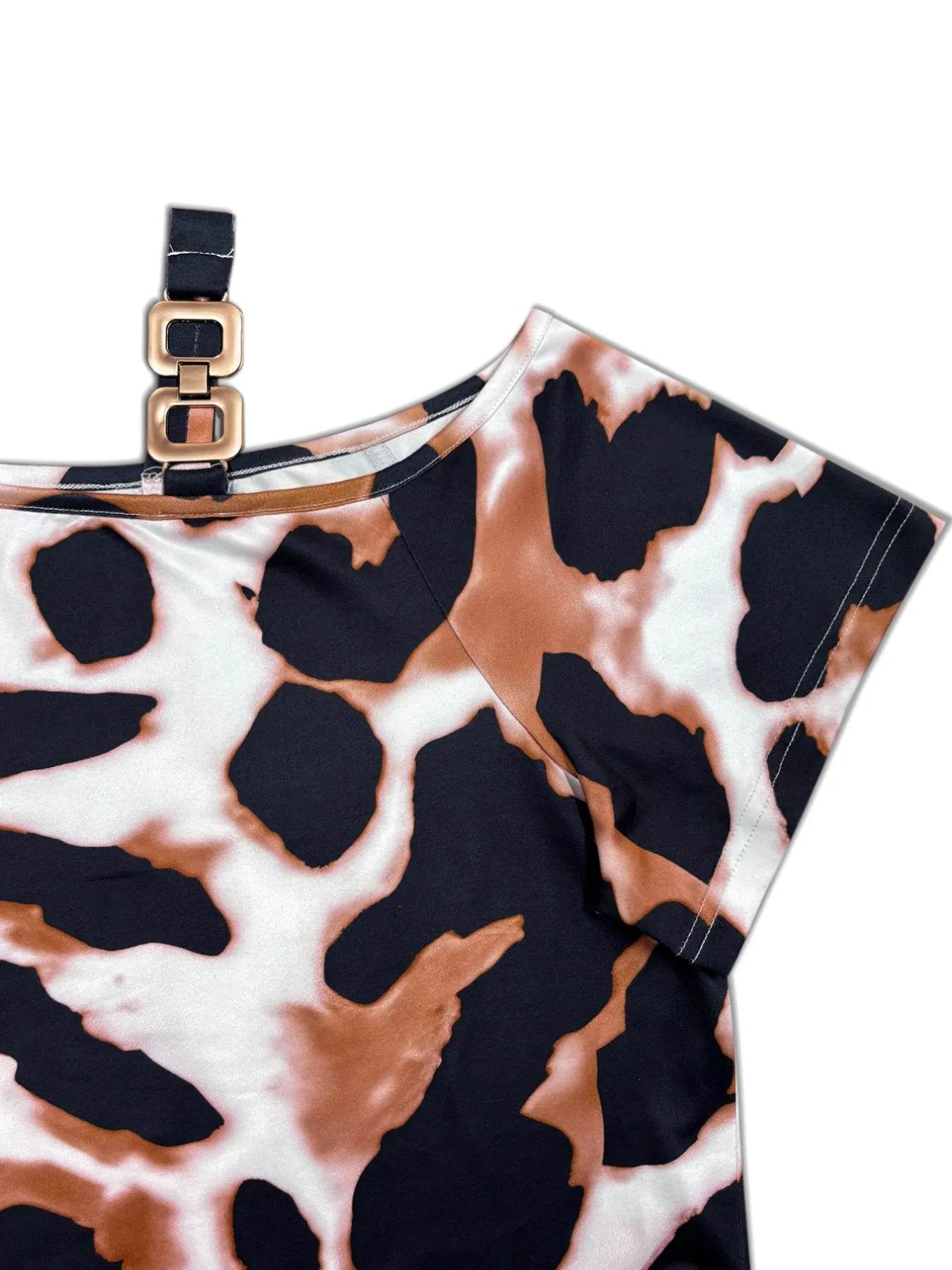 Plus Size Leopard Print Short Sleeve Maxi Dress with Side Slit - IntuitiveEncBoutique