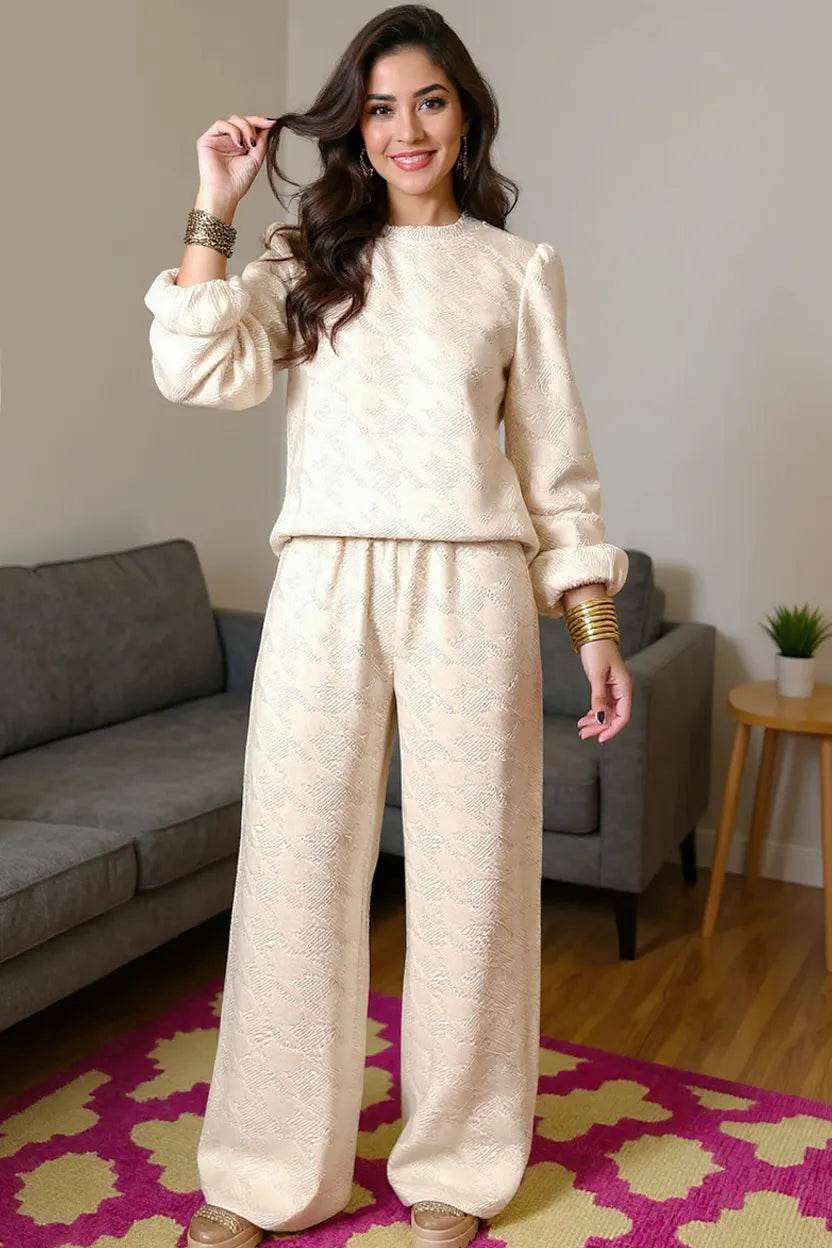 Double Take Texture Long Sleeve Top and Wide Leg Pants Set - IntuitiveEncBoutique