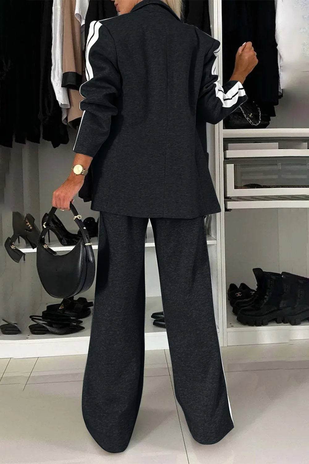 Full Size Contrast Lapel Collar Top and Pants Set - IntuitiveEncBoutique