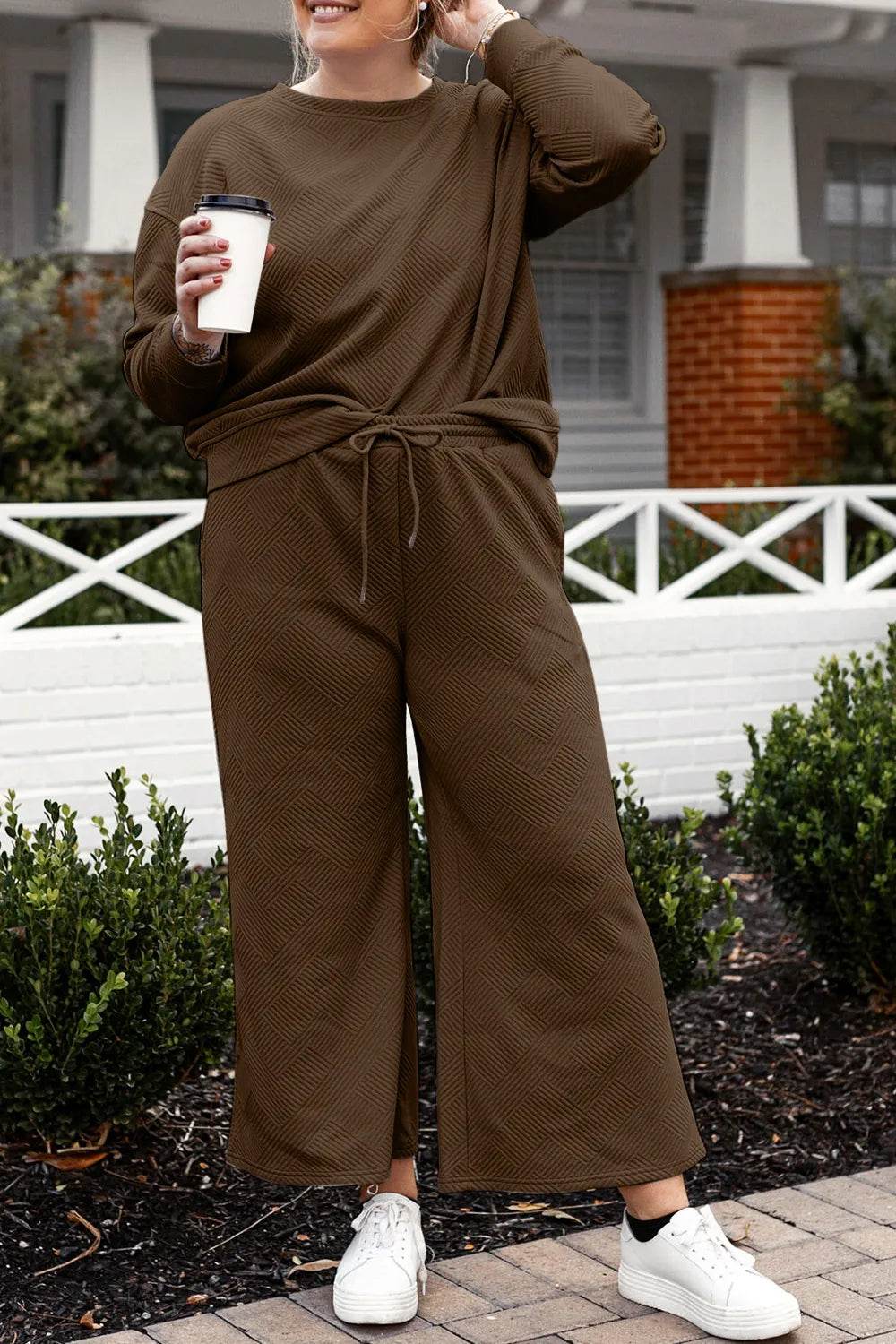 Double Take Full Size Textured Long Sleeve Top and Drawstring Pants Set - IntuitiveEncBoutique