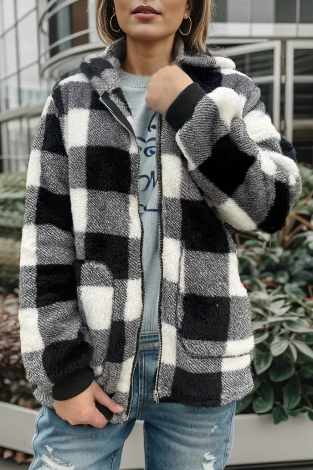 Double Take Full Size Plaid Long Sleeve Hooded Coat - IntuitiveEncBoutique