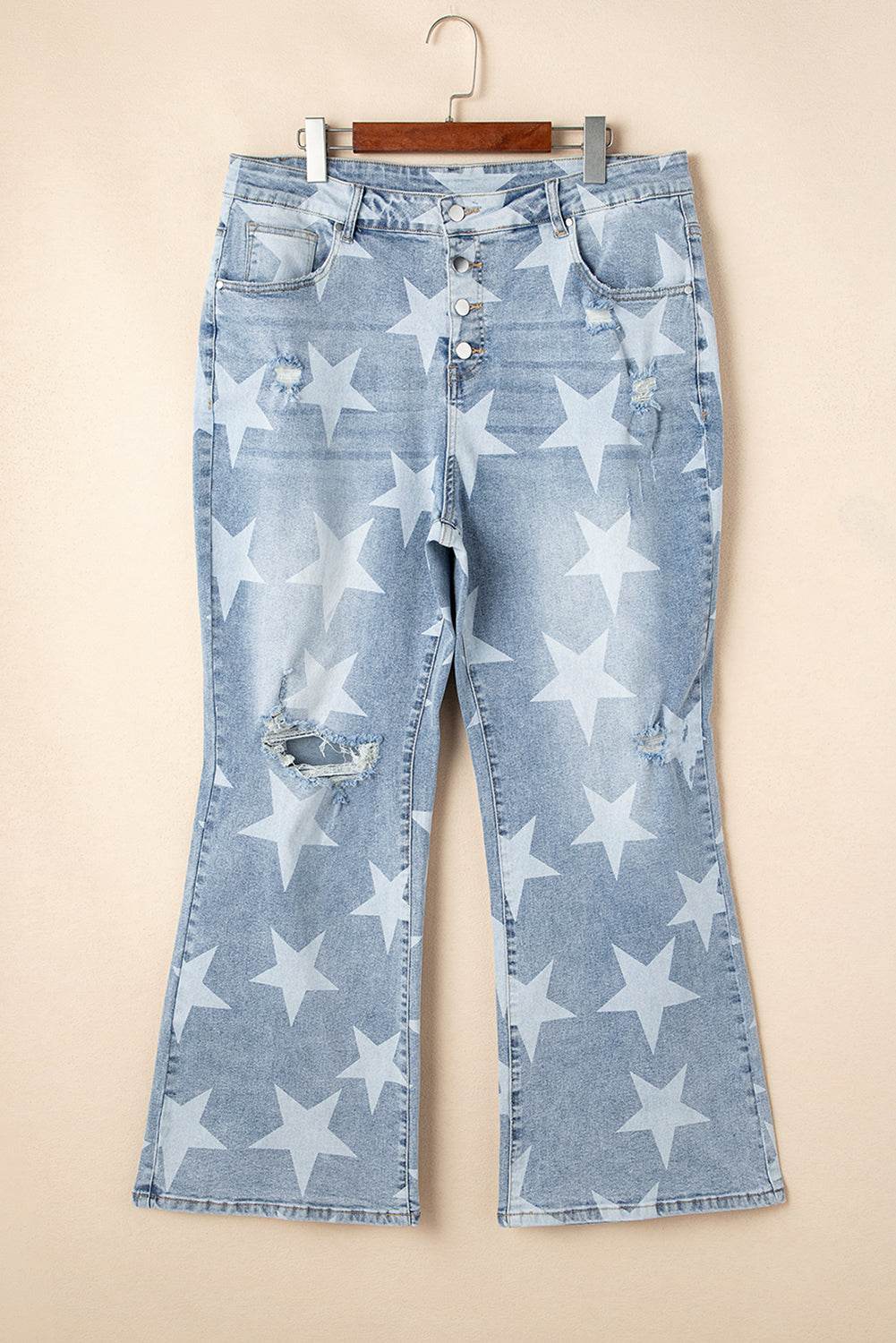 Sky Blue Star Printed Multi Buttons Slit Knee Destroyed Plus Size Jeans - IntuitiveEncBoutique