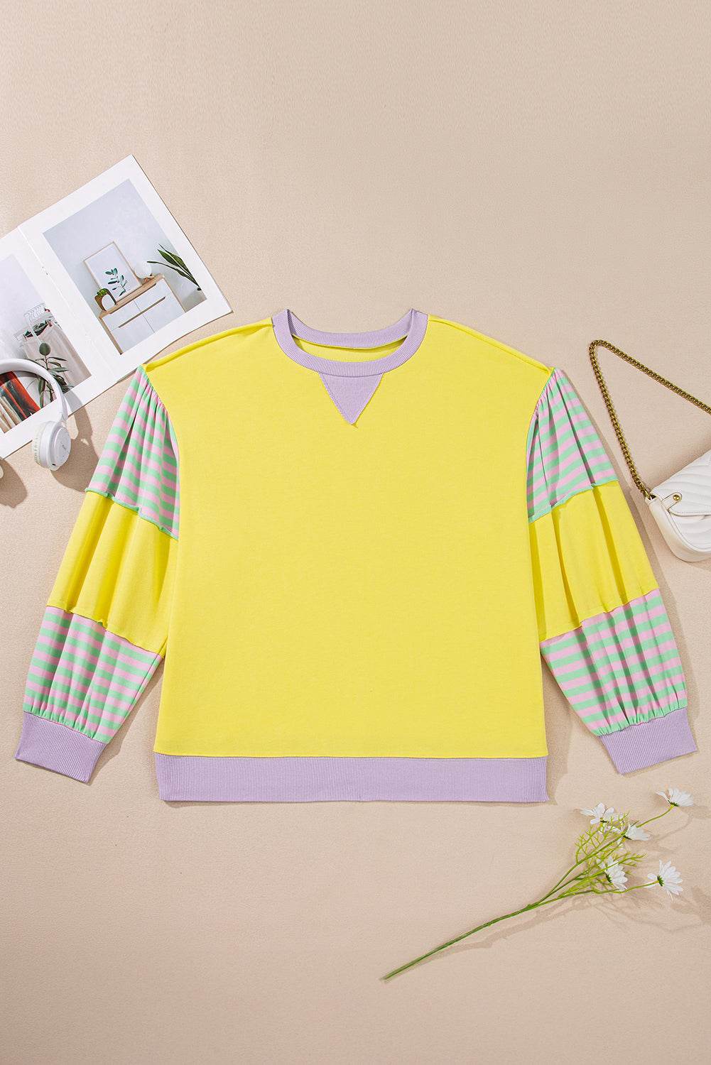 Yellow Striped Color Block Patchwork Crewneck Plus Size Pullover Sweatshirt - IntuitiveEncBoutique