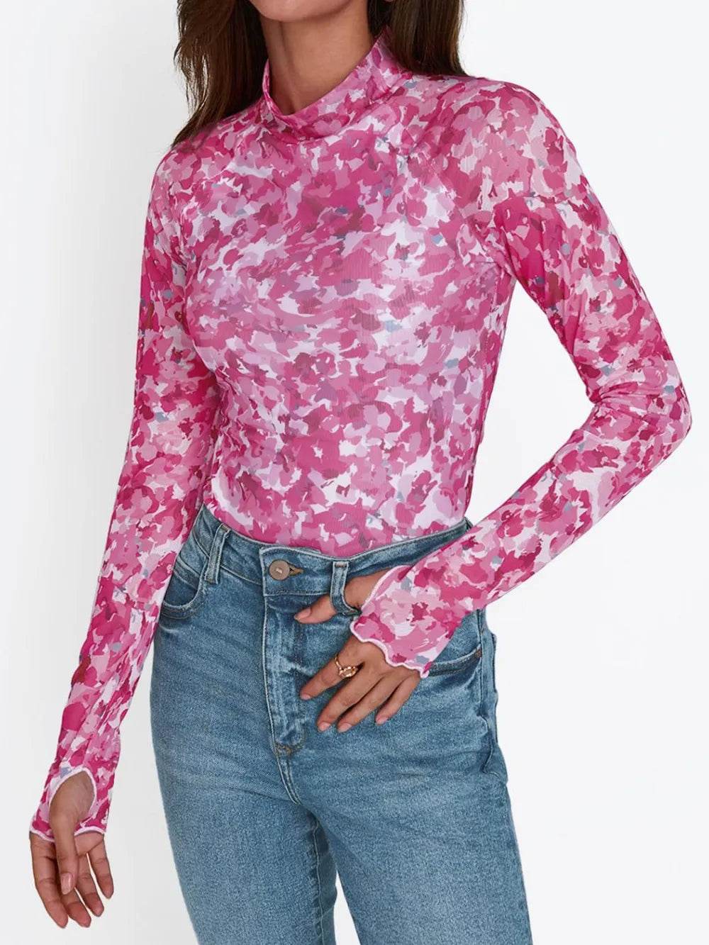 Floral Mock Neck Long Sleeve T-Shirt - IntuitiveEncBoutique