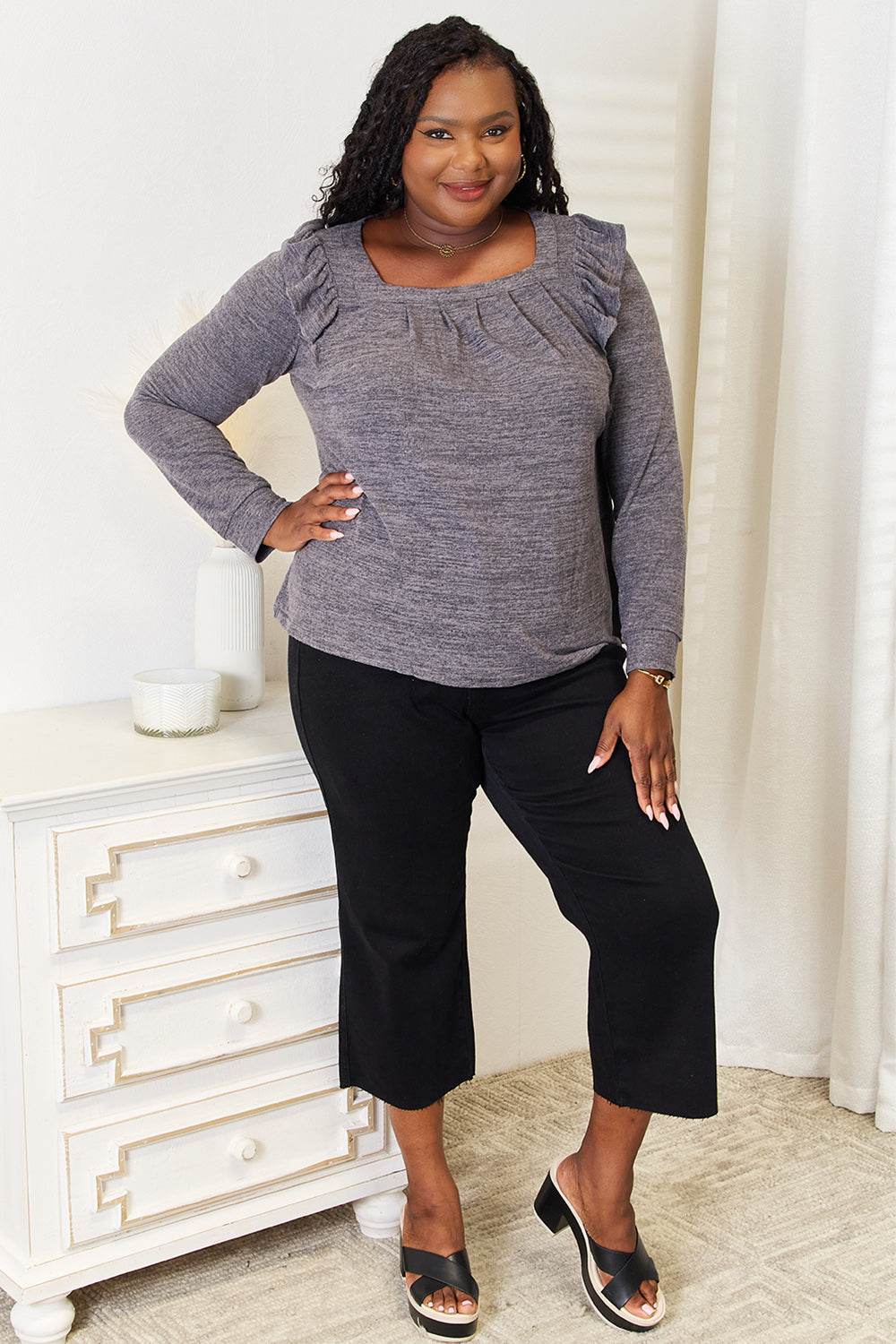 Double Take Square Neck Ruffle Shoulder Long Sleeve T-Shirt - IntuitiveEncBoutique