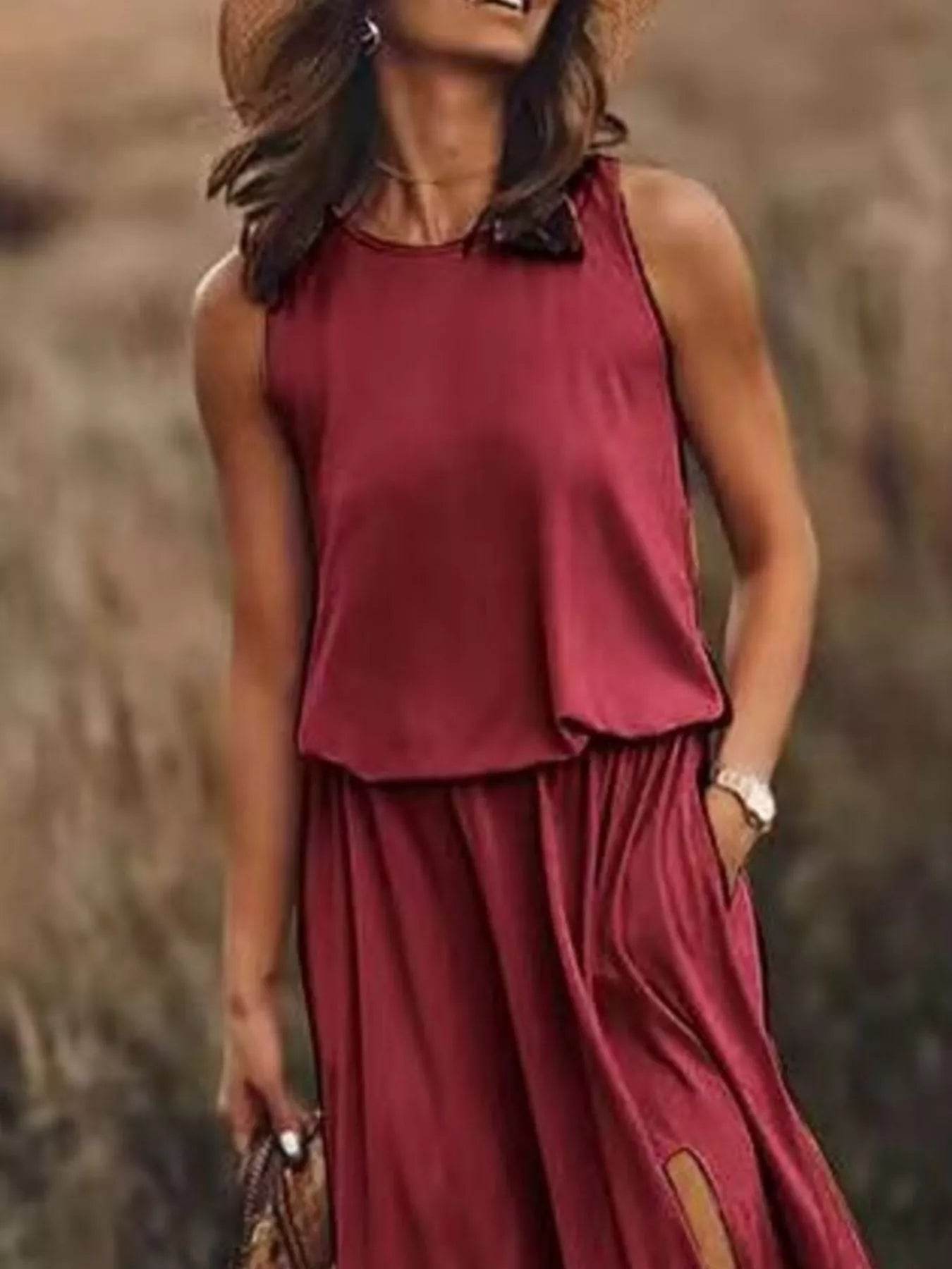 Full Size Round Neck Sleeveless Slit Maxi Dress Plus Size - IntuitiveEncBoutique