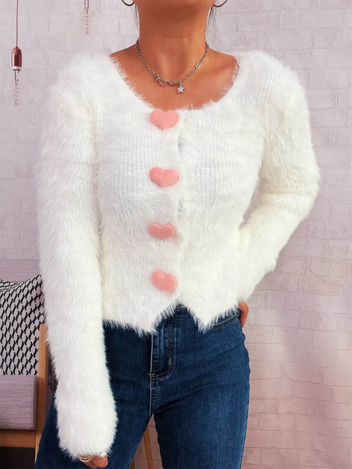 Fuzzy Heart Shape Button-Up Cardigan - IntuitiveEncBoutique