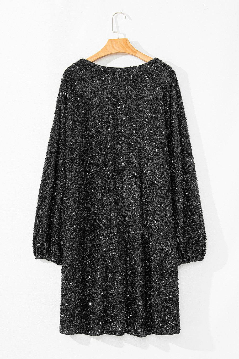 Color black Plus Size Bubble Sleeve V Neck Sequin Dress - IntuitiveEncBoutique