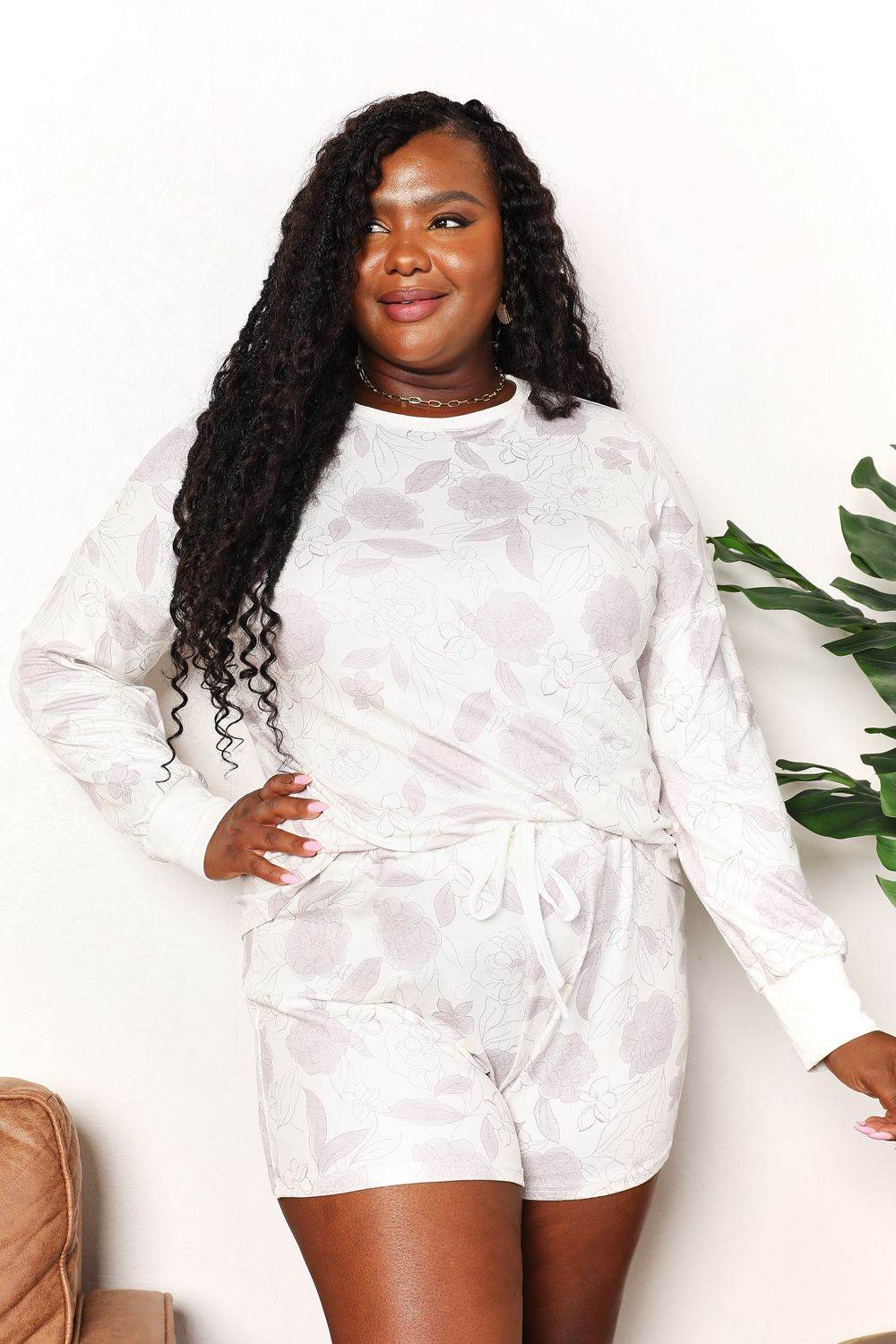 Double Take Floral Long Sleeve Top and Shorts Loungewear Set - IntuitiveEncBoutique