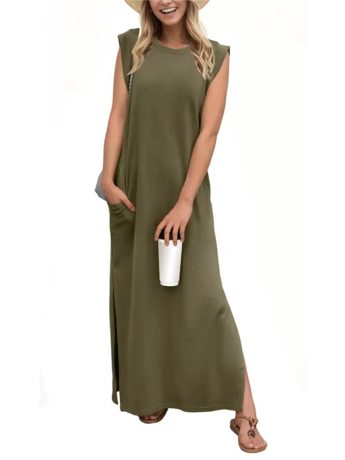 Full Size Slit Round Neck Sleeveless Maxi Tank Dress Plus Size - IntuitiveEncBoutique