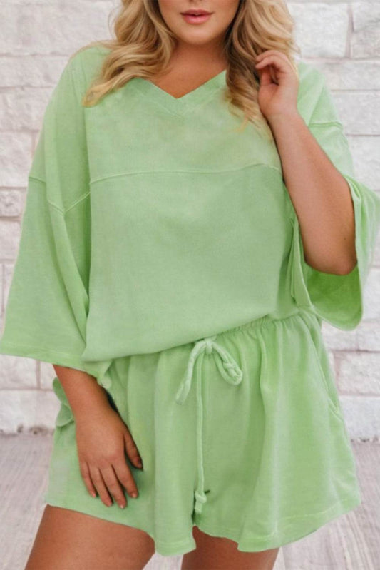 Meadow Mist Green Plus Size V Neck Drop Shoulder Tee Loose Shorts 2pcs Outfit - IntuitiveEncBoutique