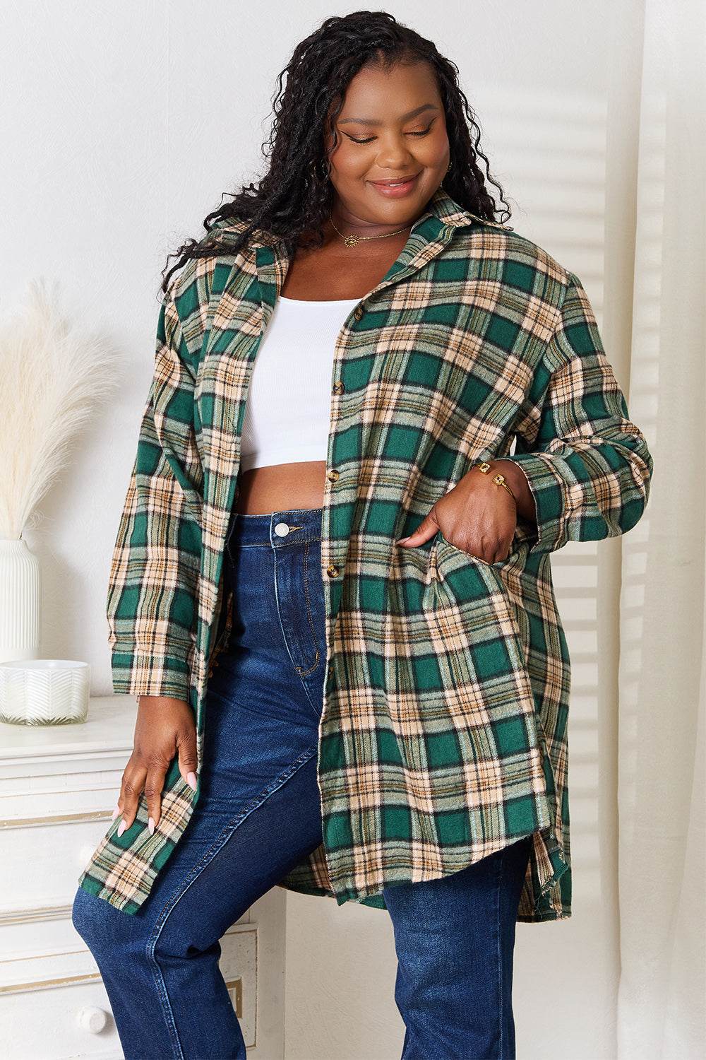 Mandy Plaid Collared Neck Long Sleeve Shirt - IntuitiveEncBoutique