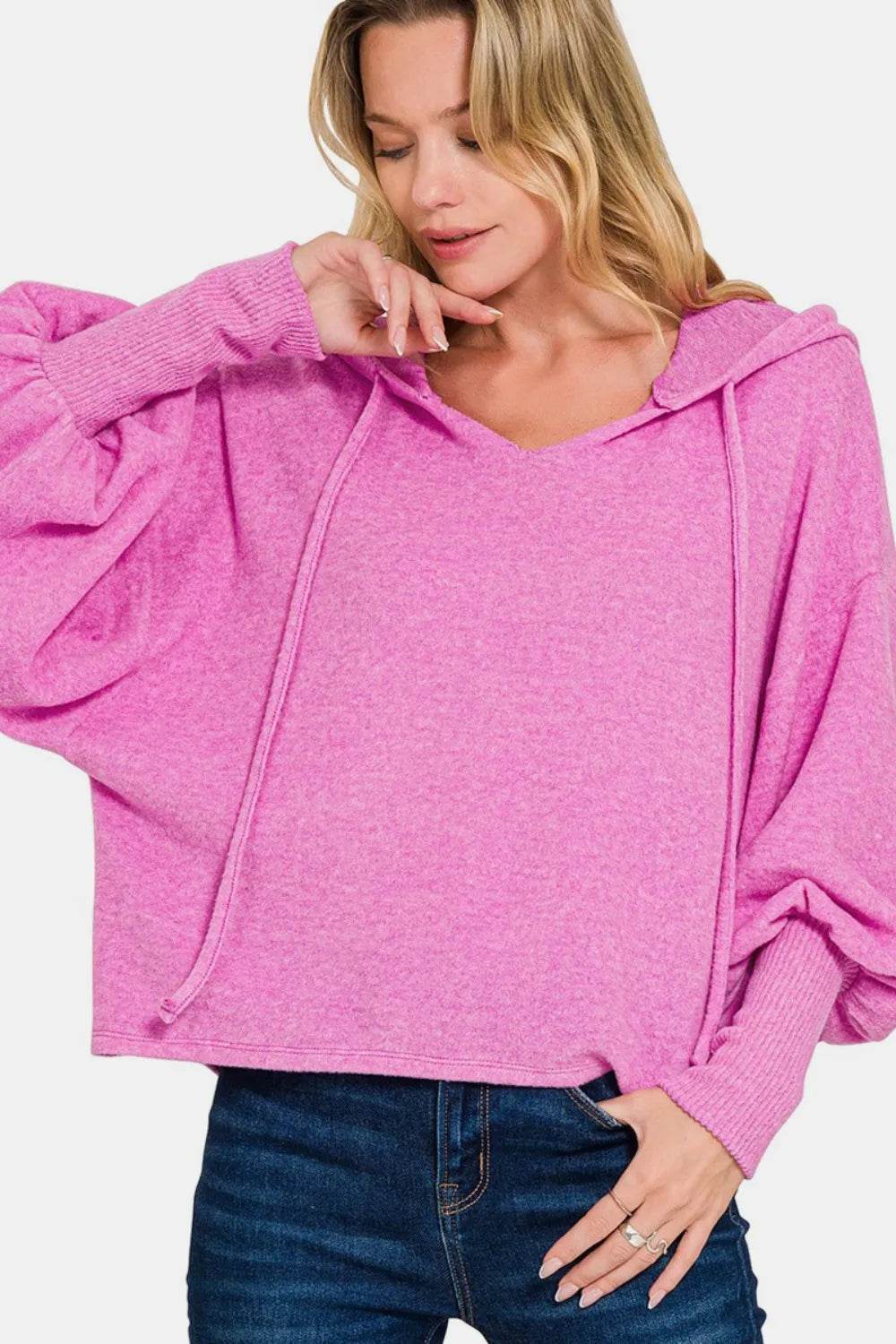 Zenana Brushed Hacci Drop Shoulder Cropped Hoodie - IntuitiveEncBoutique