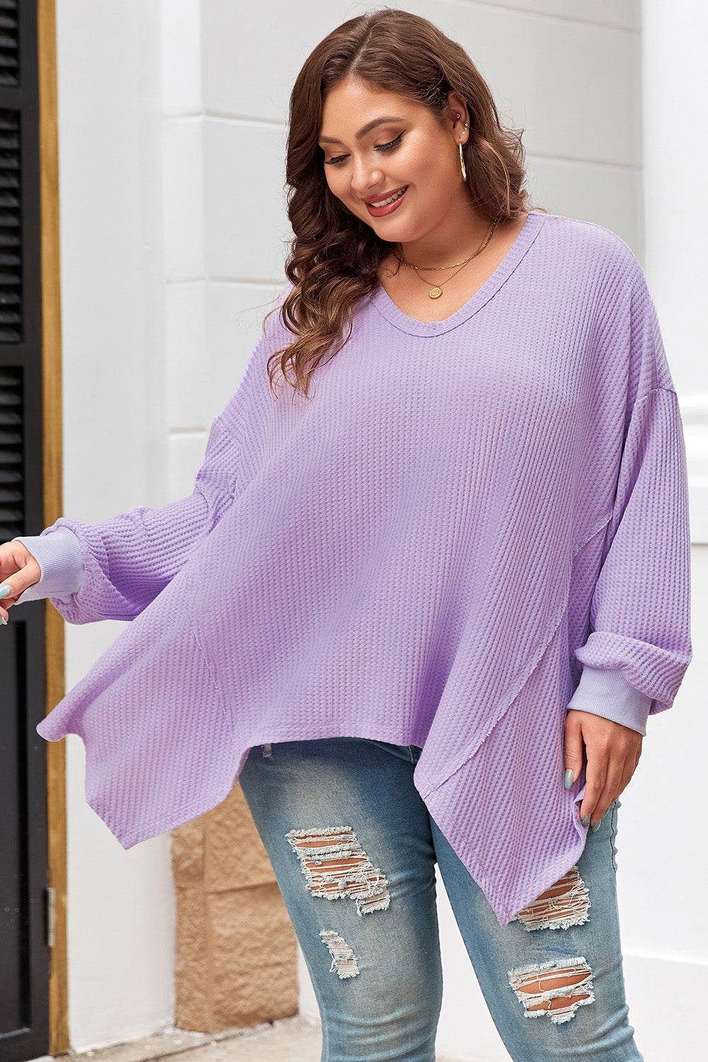 Orchid Petal Plus Size Waffle Knit Exposed Seam Flowy Top - IntuitiveEncBoutique