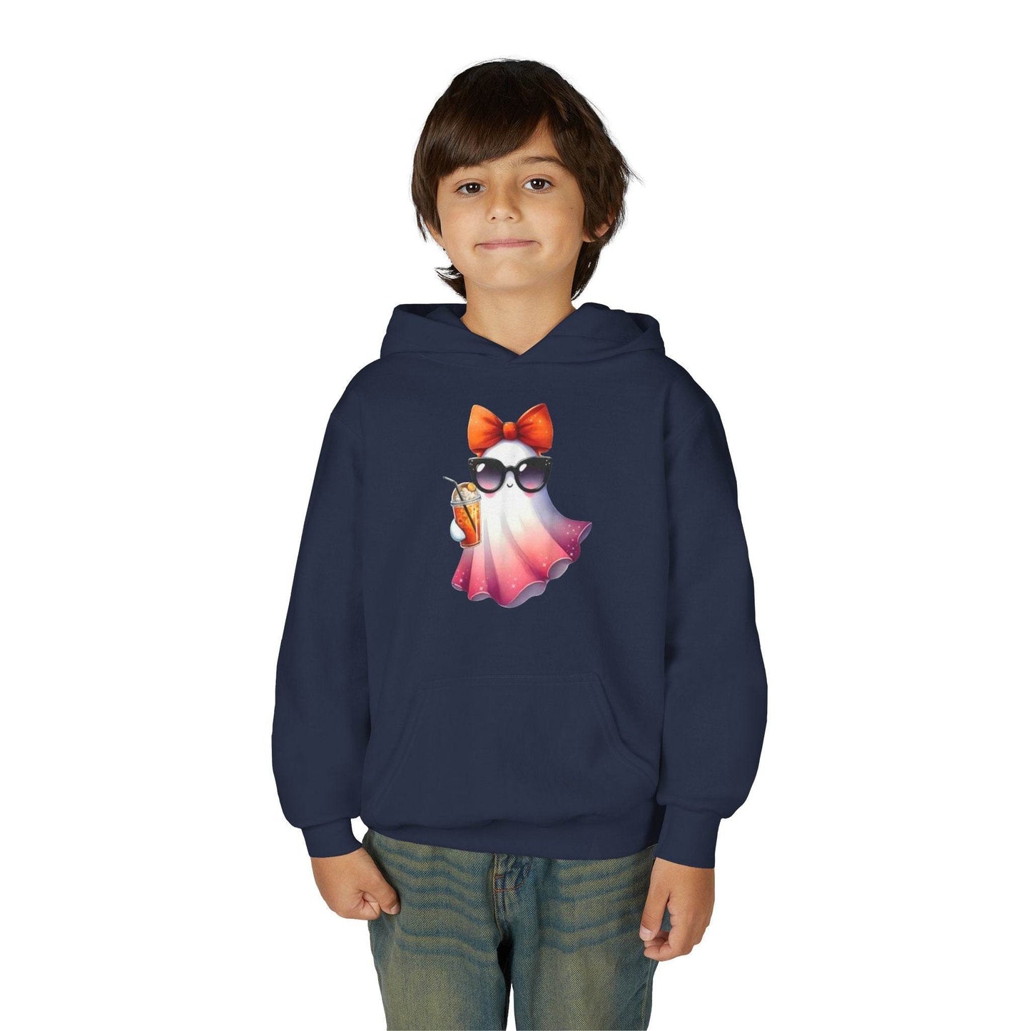 Youth Ghostly Glam Hoodie, Cute Ghost Design Sweatshirt, Halloween Apparel, Halloween Costume, Kids Hooded Sweatshirt - IntuitiveEncBoutique