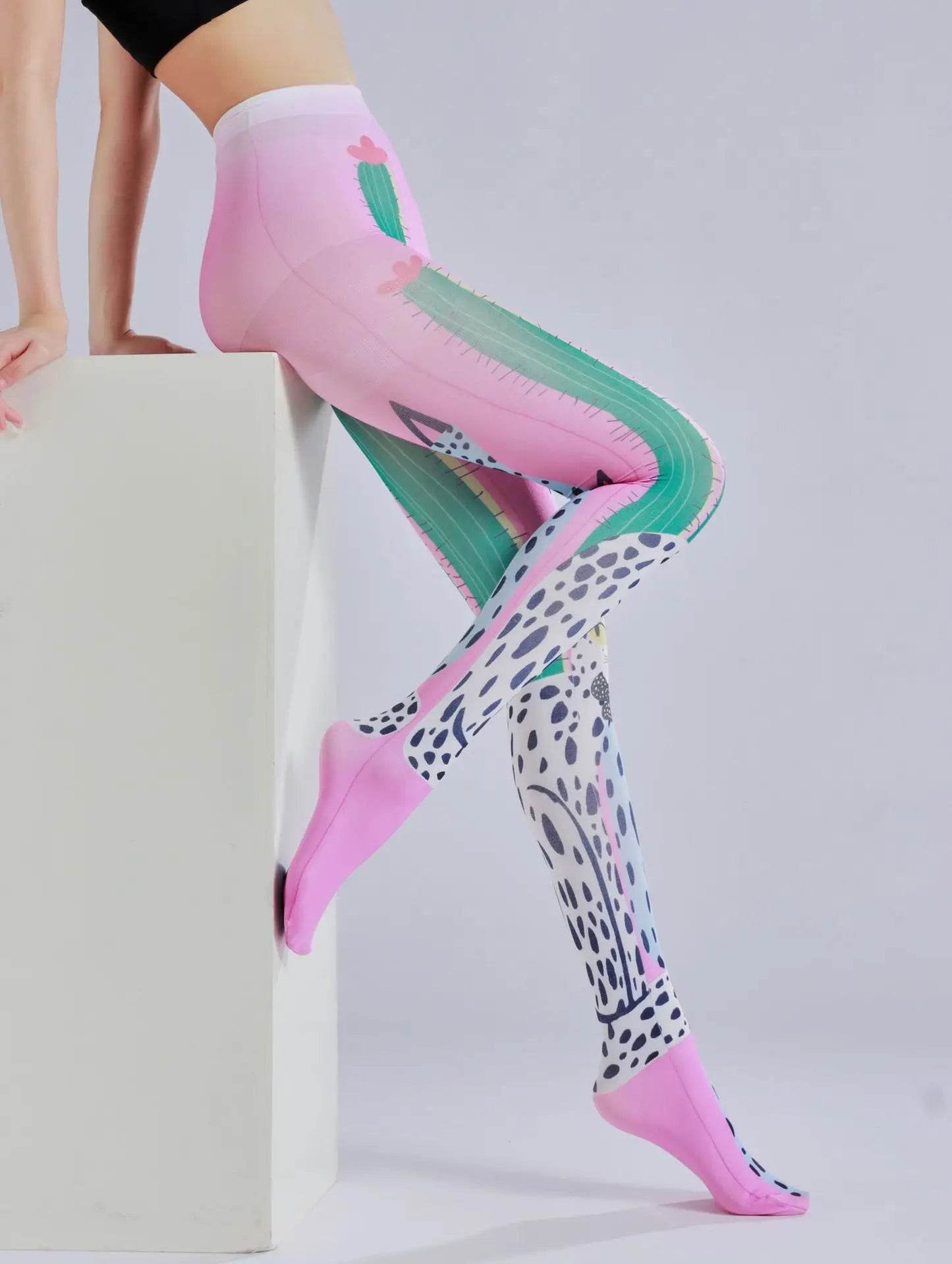 Cactus printed pantyhose with leopard print pattern as the sole personalized and fashionable pantyhose - IntuitiveEncBoutique