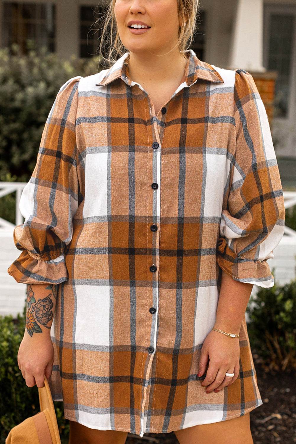 Khaki Plus Size Plaid Flounce Sleeve Button up Shirt Dress - IntuitiveEncBoutique