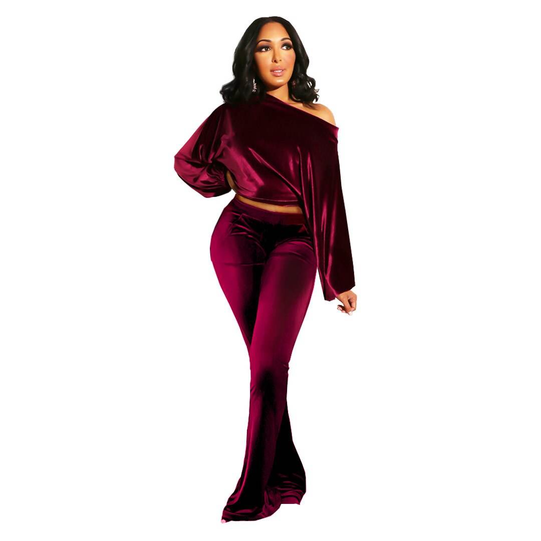 Autumn and Winter Women's Suit Pants Nightclub Sexy T-shirt Flannelette One Shoulder Slim Fit Elegant Women's 2-piece Set - IntuitiveEncBoutique