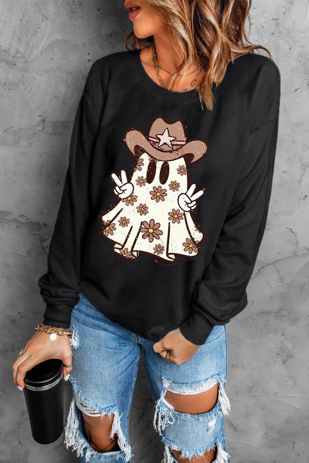 Ghost Round Neck Long Sleeve Sweatshirt - IntuitiveEncBoutique