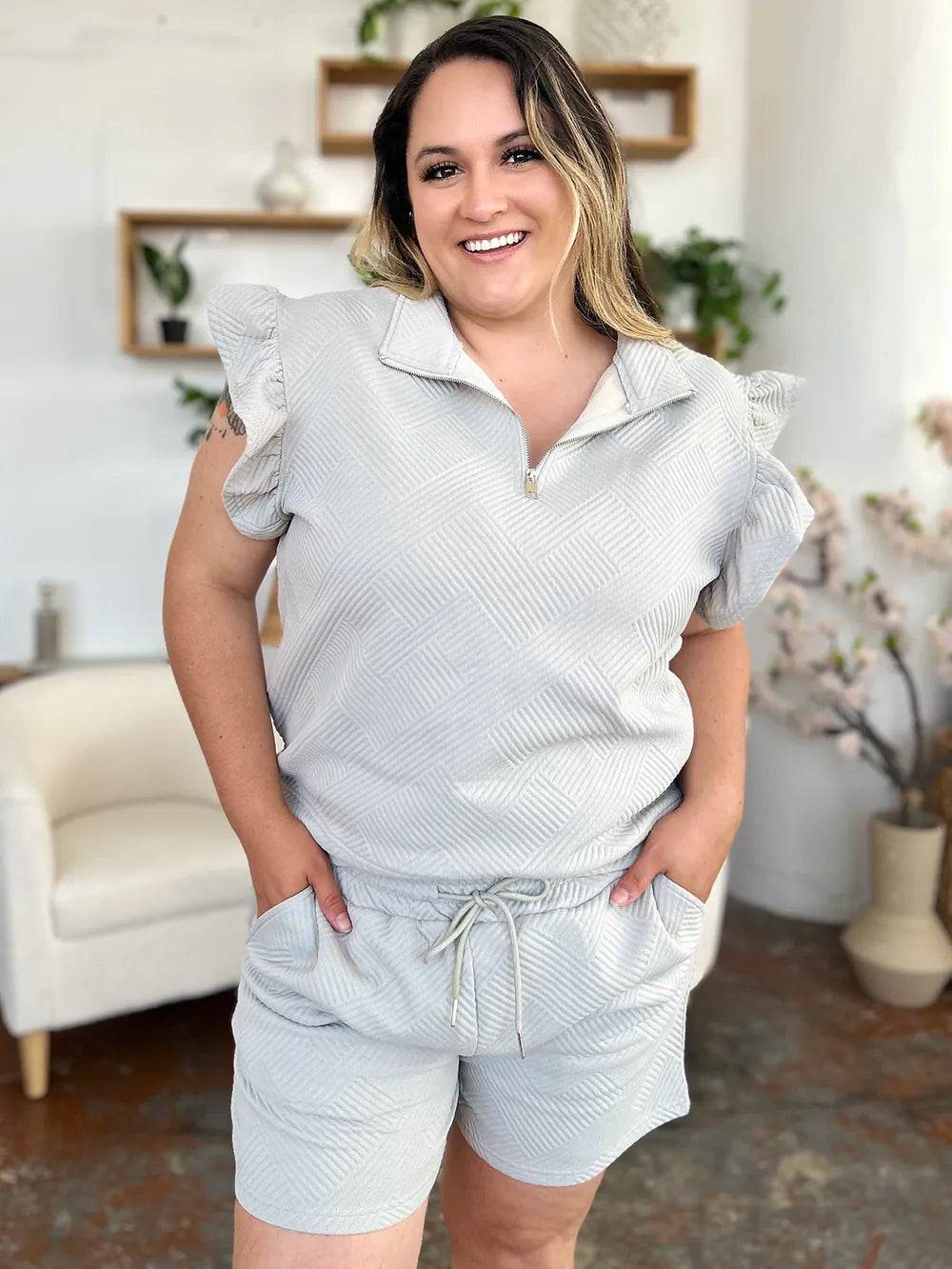 Double Take Full Size Texture Flounce Sleeve Top and Drawstring Shorts Set - IntuitiveEncBoutique