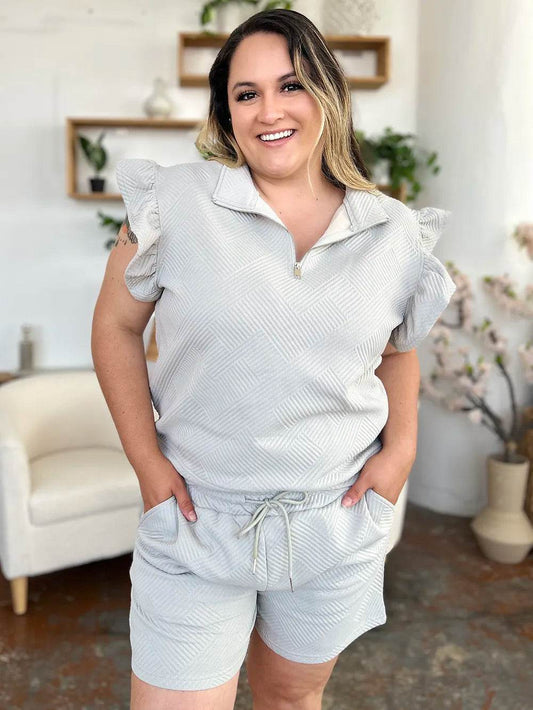 Double Take Full Size Texture Flounce Sleeve Top and Drawstring Shorts Set - IntuitiveEncBoutique