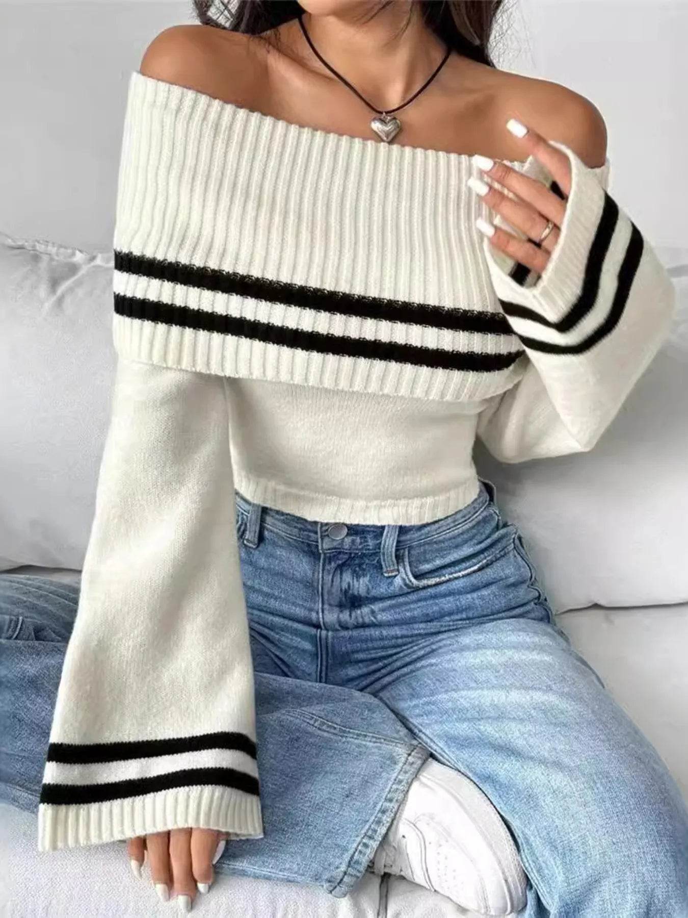 Ribbed Off-Shoulder Striped Knit Top - IntuitiveEncBoutique